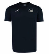 The Play Rugby USA Photon Training Tee by EMB Gilbert is a black short-sleeve top in moisture-wicking fabric, featuring a white "Play Rugby" logo on the left chest and a Gilbert Rugby emblem on the right.