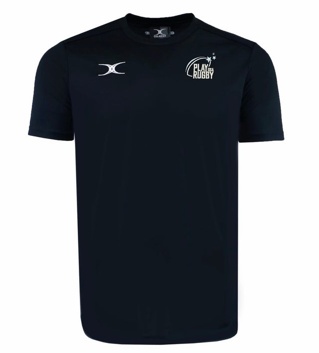 The Play Rugby USA Photon Training Tee by EMB Gilbert is a black short-sleeve top in moisture-wicking fabric, featuring a white "Play Rugby" logo on the left chest and a Gilbert Rugby emblem on the right.