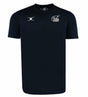 The Play Rugby USA Photon Training Tee by EMB Gilbert is a black short-sleeve top in moisture-wicking fabric, featuring a white "Play Rugby" logo on the left chest and a Gilbert Rugby emblem on the right.