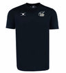The Play Rugby USA Photon Training Tee by EMB Gilbert is a black short-sleeve top in moisture-wicking fabric, featuring a white "Play Rugby" logo on the left chest and a Gilbert Rugby emblem on the right.