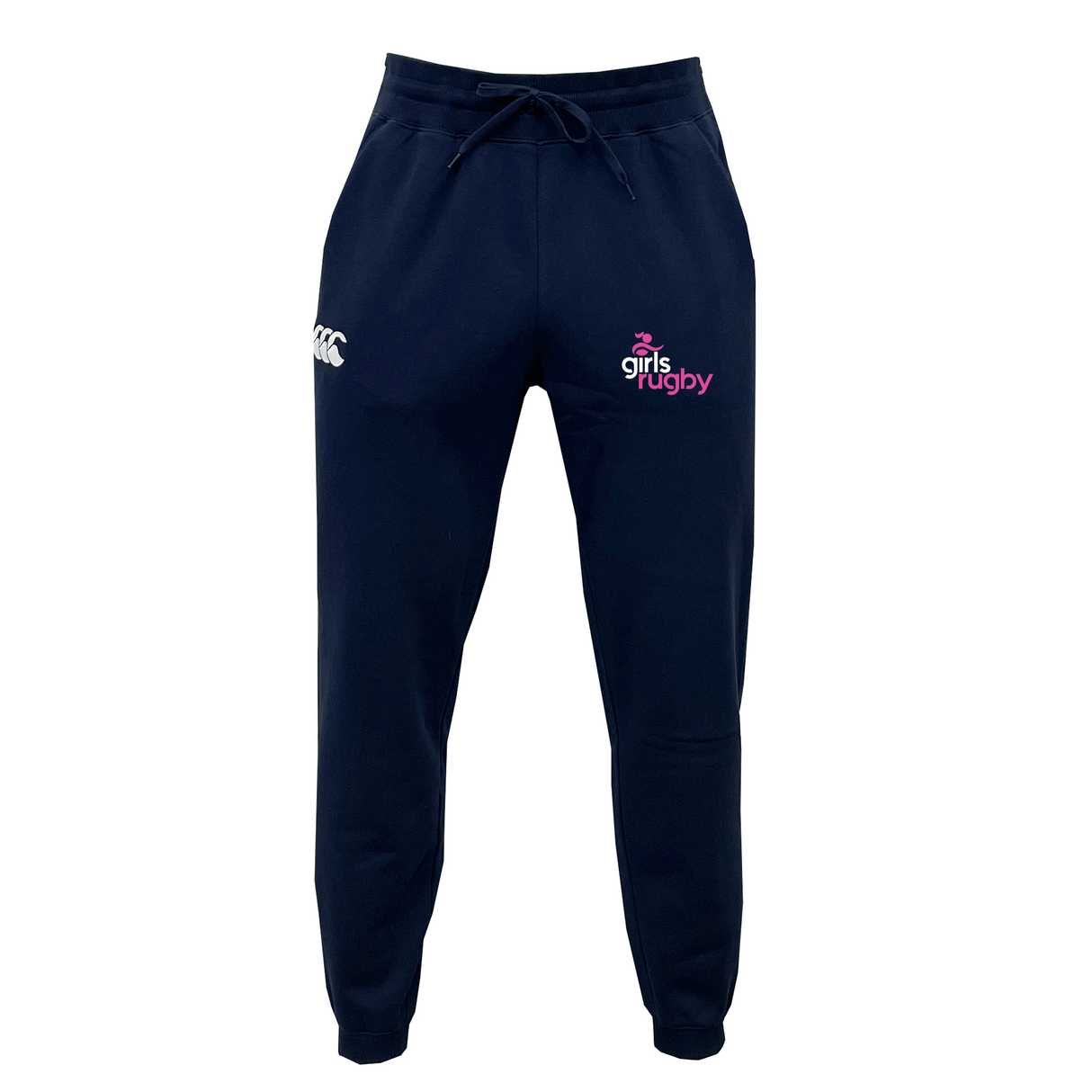 The Girls Rugby Leisure Sweatpant by EMB Canterbury features navy blue organic cotton, a "Girls Rugby" logo, white embroidered emblem on the front, drawstring waist, and side pockets.