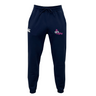 The Girls Rugby Leisure Sweatpant by EMB Canterbury features navy blue organic cotton, a "Girls Rugby" logo, white embroidered emblem on the front, drawstring waist, and side pockets.