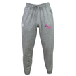 The Girls Rugby Leisure Sweatpant by EMB Canterbury is a gray jogger made from recycled polyester fleece, featuring a drawstring waist, white logo on the left hip, and "girls rugby" in pink and purple on the right hip.