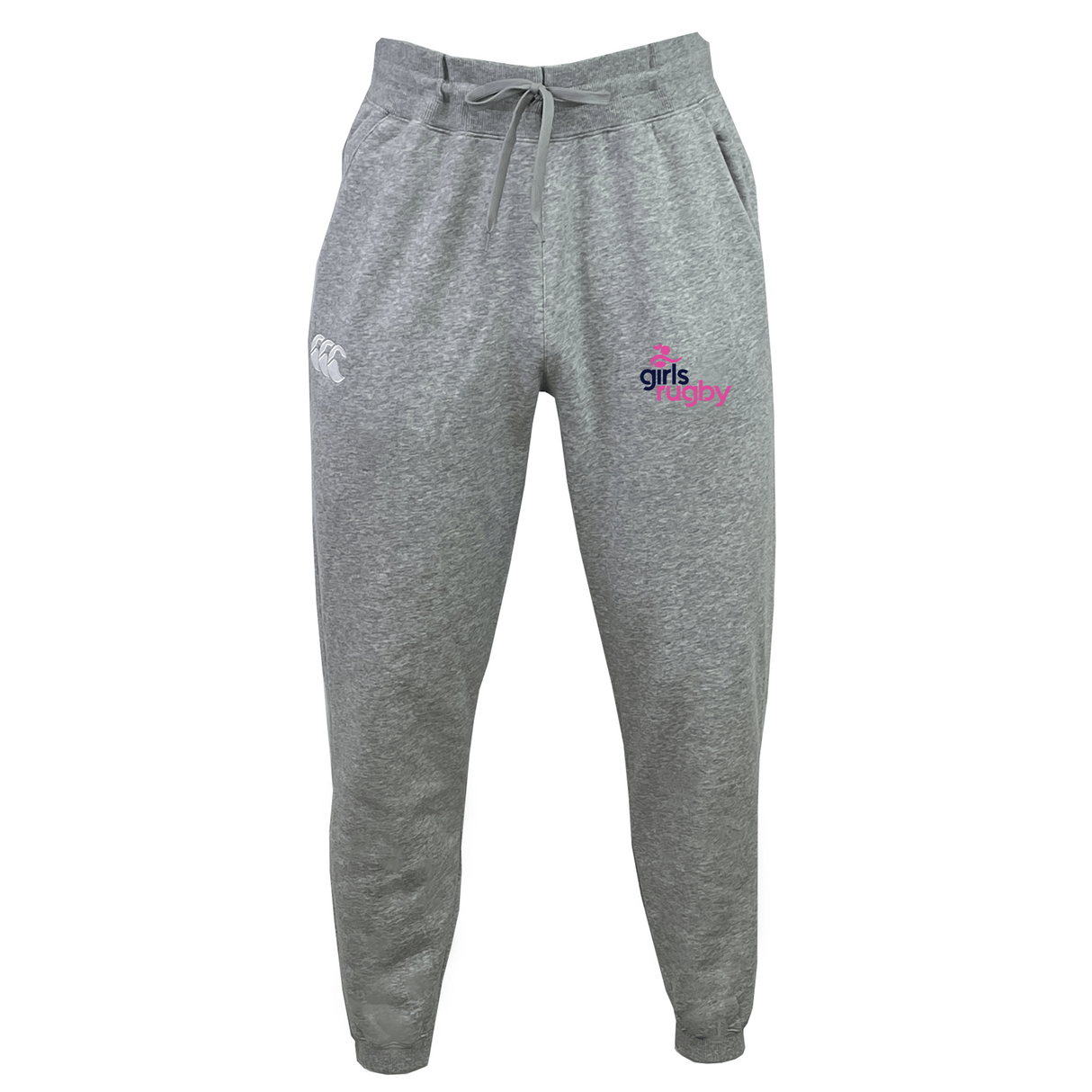 The Girls Rugby Leisure Sweatpant by EMB Canterbury is a gray jogger made from recycled polyester fleece, featuring a drawstring waist, white logo on the left hip, and "girls rugby" in pink and purple on the right hip.