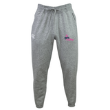 The Girls Rugby Leisure Sweatpant by EMB Canterbury is a gray jogger made from recycled polyester fleece, featuring a drawstring waist, white logo on the left hip, and "girls rugby" in pink and purple on the right hip.