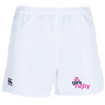 The Girls Rugby Professional Polyester Rugby Short by EMB Canterbury features a Canterbury logo on the left leg and a pink-and-purple "girls rugby" logo on the right, offering athletes stylish, functional shorts.
