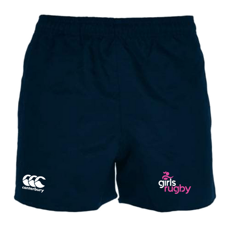 The EMB Canterbury Girls Rugby Professional Polyester Rugby Short features navy blue fabric, pockets, a "canterbury" logo on the left leg, and a "girls rugby" logo on the right for a pro look.