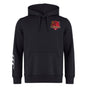 Introducing the Godzilla RFC Embroidered Club Hoodie by Canterbury from EMB Canterbury—a black hoodie featuring a Godzilla graphic and text embroidered on the left chest, inspired by the classic Godzilla RFC hoodie, and finished with three white stripes on the lower right sleeve.