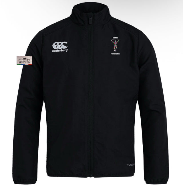 The Dallas Harlequins Lions Origin Club Track Jacket by EMB Canterbury is a lightweight black jacket with embroidered chest logos and "Dallas Harlequins" text, shown on a plain background.