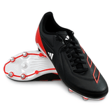 A pair of adidas RS15 Elite SG 24 cleats in a sleek Core Black/Core Black/Solar Red colorway, featuring white soles and metal studs. Crafted to resemble premium leather boots, the left cleat rests on its side while the right one stands upright, ready for action.