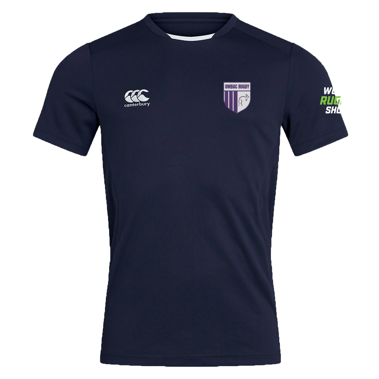 The dark blue OMBAC Rugby Men's Training Bundle from Fast Bundle showcases a Canterbury logo on the left, a shield emblem on the right, and "Wales Rugby Shop" text on the right sleeve. Designed with Vapodri Technology for maximum comfort, it's ideal for rugby enthusiasts aiming to stay dry and stylish.