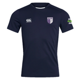 The dark blue OMBAC Rugby Men's Training Bundle from Fast Bundle showcases a Canterbury logo on the left, a shield emblem on the right, and "Wales Rugby Shop" text on the right sleeve. Designed with Vapodri Technology for maximum comfort, it's ideal for rugby enthusiasts aiming to stay dry and stylish.
