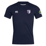 The OMBAC U18 Training Bundle by Bundle features a navy blue short-sleeved rugby shirt with a white collar and logos on the chest and right sleeve. Designed as essential rugby training apparel, this shirt incorporates Vapodri Technology for enhanced comfort and performance.