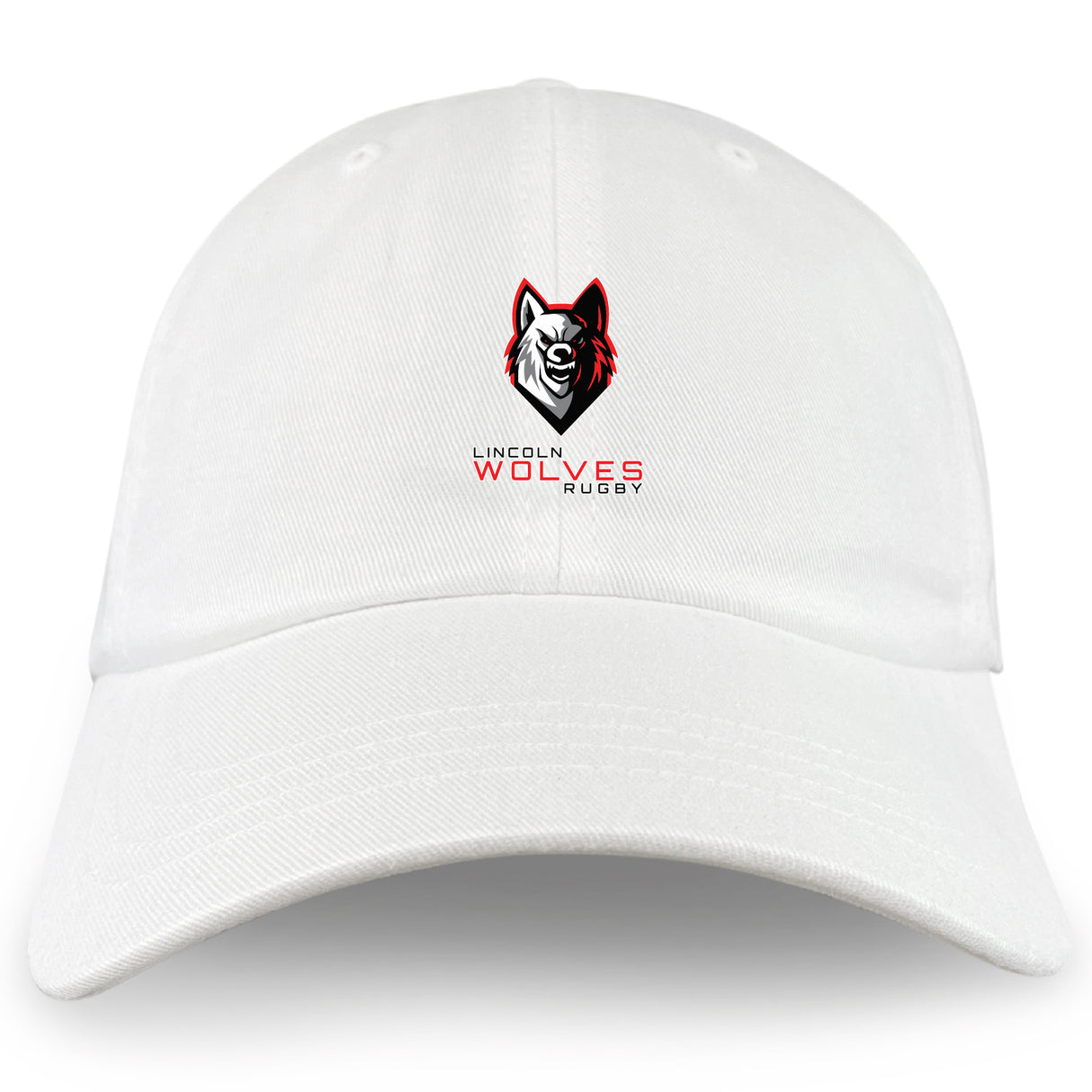The EMB S&S Activewear Lincoln Wolves Adult Low-Profile Cotton Twill Dad Cap features a white cotton twill build, an embroidered stylized wolf head, and "Lincoln Wolves Rugby" in red and black on the front.