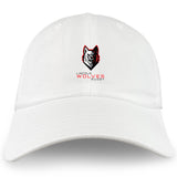 The EMB S&S Activewear Lincoln Wolves Adult Low-Profile Cotton Twill Dad Cap features a white cotton twill build, an embroidered stylized wolf head, and "Lincoln Wolves Rugby" in red and black on the front.