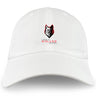 The EMB S&S Activewear Lincoln Wolves Adult Low-Profile Cotton Twill Dad Cap features a white cotton twill build, an embroidered stylized wolf head, and "Lincoln Wolves Rugby" in red and black on the front.