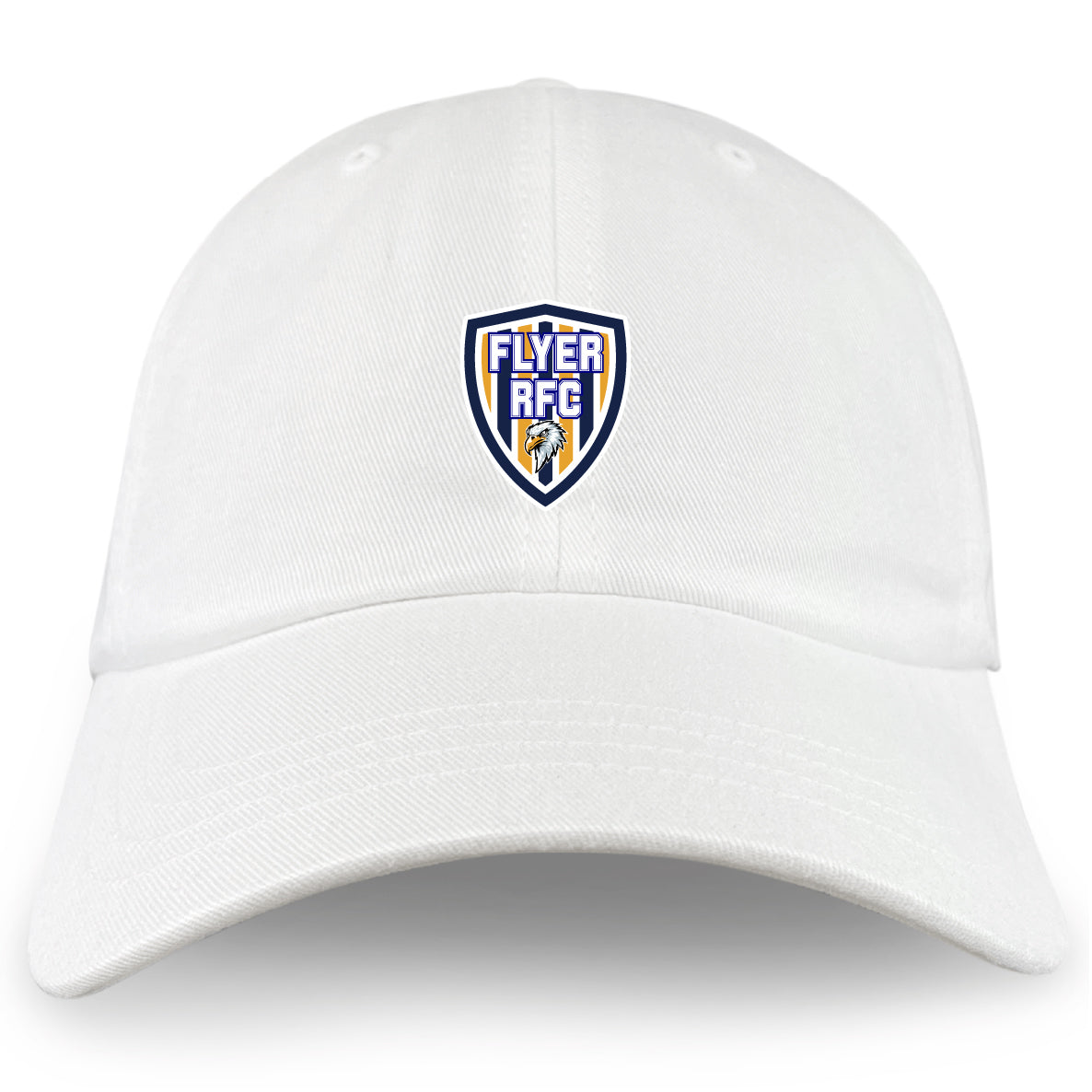 The Franklin County High School Rugby Adult Low-Profile Cotton Twill Dad Cap by EMB S&S Activewear features custom embroidery of the Flyer RFC logo with a stylized shield and text on the white cotton twill front.