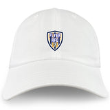 The Franklin County High School Rugby Adult Low-Profile Cotton Twill Dad Cap by EMB S&S Activewear features custom embroidery of the Flyer RFC logo with a stylized shield and text on the white cotton twill front.
