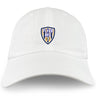 The Franklin County High School Rugby Adult Low-Profile Cotton Twill Dad Cap by EMB S&S Activewear features custom embroidery of the Flyer RFC logo with a stylized shield and text on the white cotton twill front.