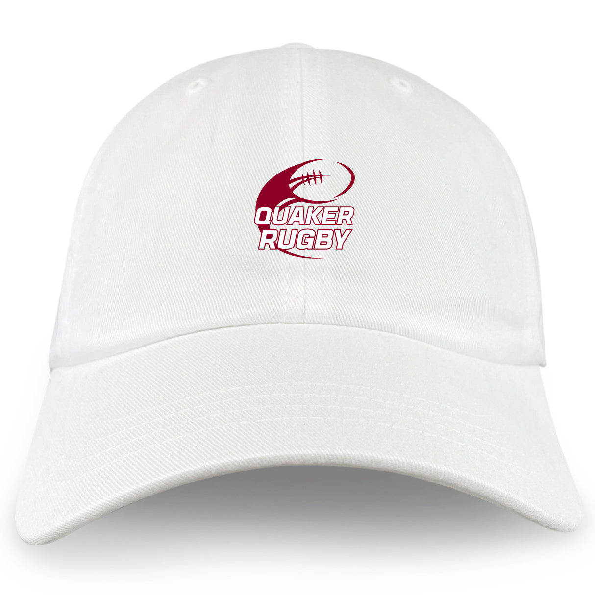 The Guilford College Adult Low-Profile Cotton Twill Dad Cap by EMB S&S Activewear features a maroon rugby ball graphic and "QUAKER RUGBY" embroidered on the front—perfect for fans and players.