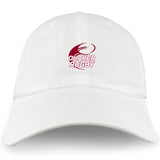 The Guilford College Adult Low-Profile Cotton Twill Dad Cap by EMB S&S Activewear features a maroon rugby ball graphic and "QUAKER RUGBY" embroidered on the front—perfect for fans and players.