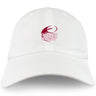 The Guilford College Adult Low-Profile Cotton Twill Dad Cap by EMB S&S Activewear features a maroon rugby ball graphic and "QUAKER RUGBY" embroidered on the front—perfect for fans and players.