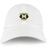 The Monarch Rugby Club Adult Low-Profile Cotton Twill Dad Cap by EMB S&S Activewear features a classic white design with bold black and gold embroidered "Monarch Rugby" branding and a large "M" at the center.