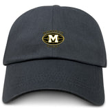 The EMB S&S Activewear Monarch Rugby Club Adult Low-Profile Cotton Twill Dad Cap is black and features bold embroidered "MONARCH RUGBY" text and a gold "M" oval logo on the front.