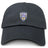 The Franklin County High School Rugby Adult Low-Profile Cotton Twill Dad Cap by EMB S&S Activewear is black and features a custom embroidered blue, white, and yellow Flyer RFC lion emblem on the front center.
