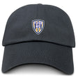 The Franklin County High School Rugby Adult Low-Profile Cotton Twill Dad Cap by EMB S&S Activewear is black and features a custom embroidered blue, white, and yellow Flyer RFC lion emblem on the front center.