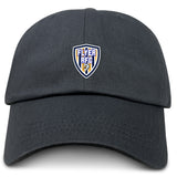 The Franklin County High School Rugby Adult Low-Profile Cotton Twill Dad Cap by EMB S&S Activewear is black and features a custom embroidered blue, white, and yellow Flyer RFC lion emblem on the front center.