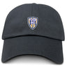 The Franklin County High School Rugby Adult Low-Profile Cotton Twill Dad Cap by EMB S&S Activewear is black and features a custom embroidered blue, white, and yellow Flyer RFC lion emblem on the front center.