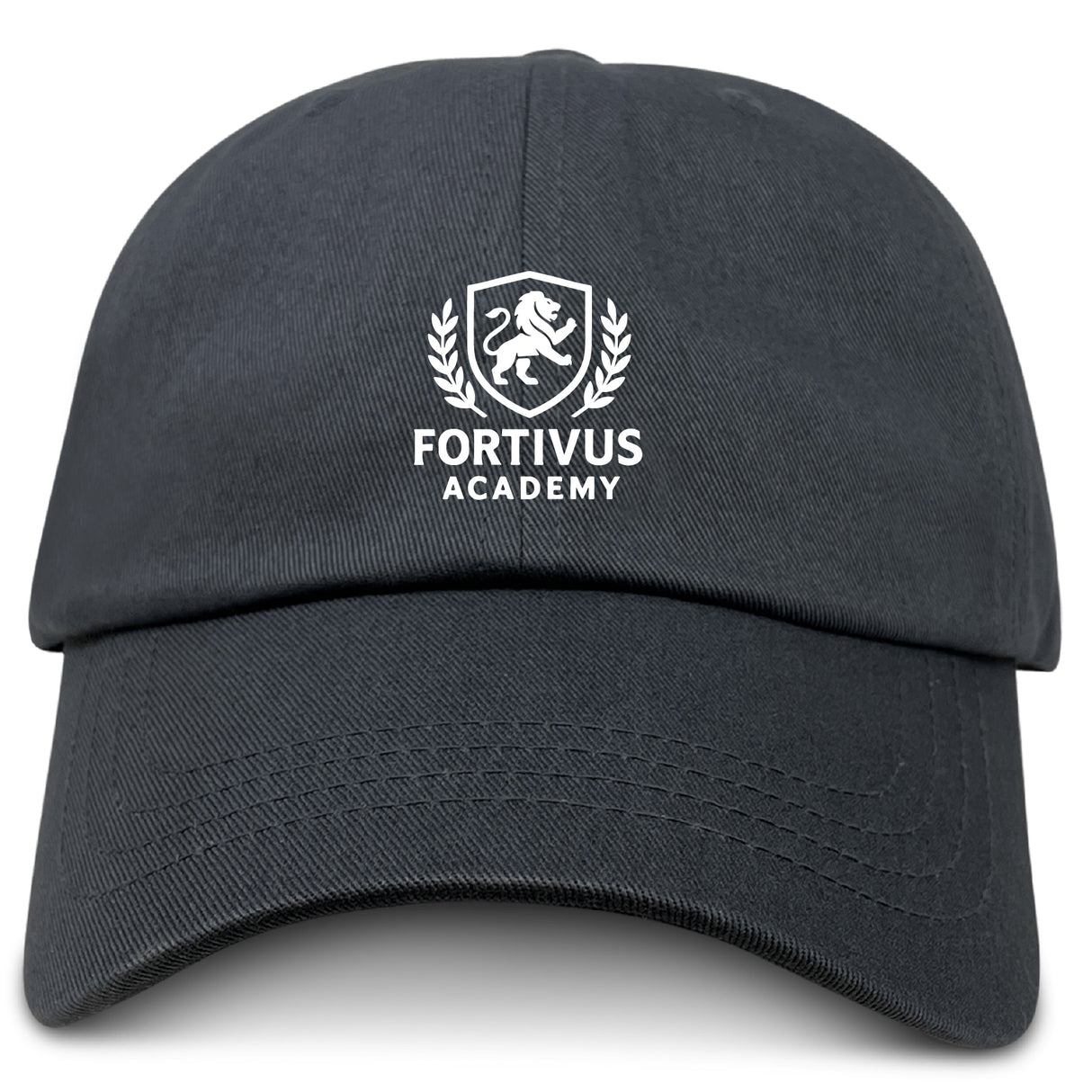 The EMB S&S Activewear Fortivus Academy Adult Low-Profile Cotton Twill Dad Cap features classic team branding with a black cotton twill build and a white embroidered lion shield logo above "FORTIVUS ACADEMY.