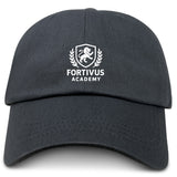 The EMB S&S Activewear Fortivus Academy Adult Low-Profile Cotton Twill Dad Cap features classic team branding with a black cotton twill build and a white embroidered lion shield logo above "FORTIVUS ACADEMY.