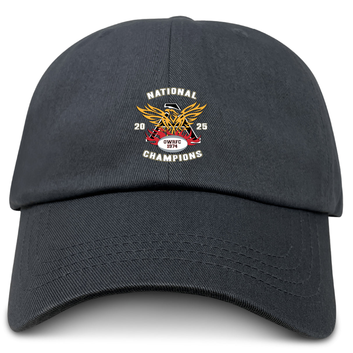 The Atlanta Old White Rugby Champs Adult Low-Profile Cotton Twill Dad Cap by EMB S&S Activewear features a black cotton twill build and a colorful embroidered “National Champions 2025” logo with a sports-themed crest on the front.