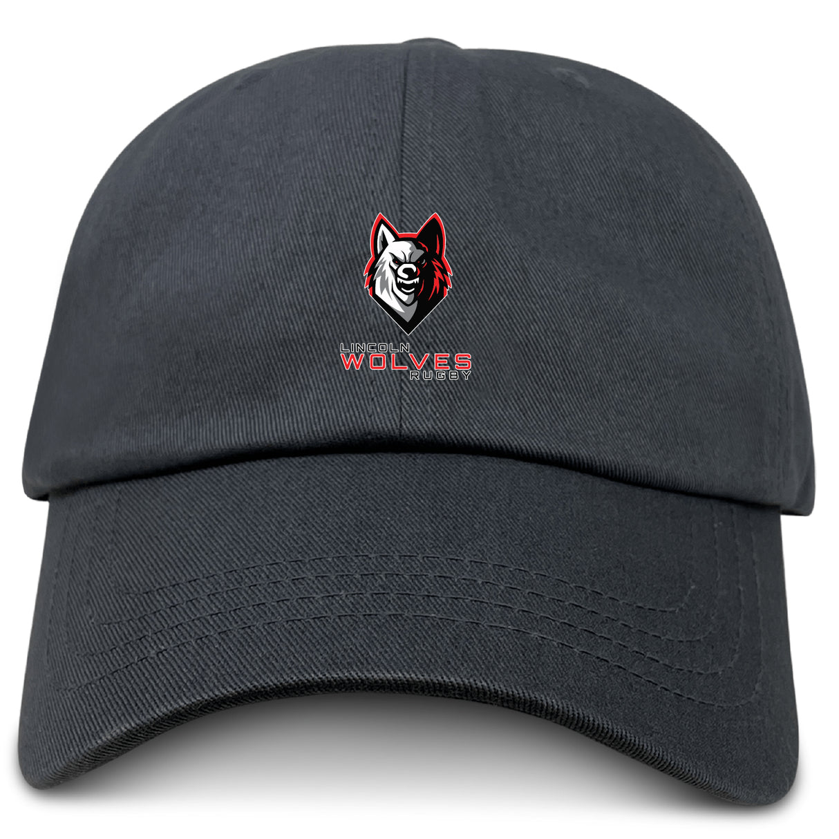 The Lincoln Wolves Adult Low-Profile Cotton Twill Dad Cap by EMB S&S Activewear features a black cotton twill design, a stylized wolf head logo with red accents, and embroidered "WOLVES" team branding beneath.