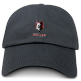 The Lincoln Wolves Adult Low-Profile Cotton Twill Dad Cap by EMB S&S Activewear features a black cotton twill design, a stylized wolf head logo with red accents, and embroidered "WOLVES" team branding beneath.