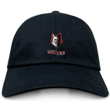 The Lincoln Wolves Adult Low-Profile Cotton Twill Dad Cap by EMB S&S Activewear features a black cotton twill build, a stylized wolf logo, and "Wolves Rugby" embroidered in red and white on the front.