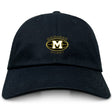 The Monarch Rugby Club Adult Low-Profile Cotton Twill Dad Cap by EMB S&S Activewear features a black cotton twill build with a gold "M" logo and embroidered "Monarch Rugby" text above and below the letter in an oval.