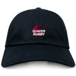 The Guilford College Adult Low-Profile Cotton Twill Dad Cap by EMB S&S Activewear features a black twill design with a red and white "Quaker Rugby" logo and rugby ball graphic—perfect embroidered hat for fans and players.