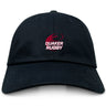The Guilford College Adult Low-Profile Cotton Twill Dad Cap by EMB S&S Activewear features a black twill design with a red and white "Quaker Rugby" logo and rugby ball graphic—perfect embroidered hat for fans and players.
