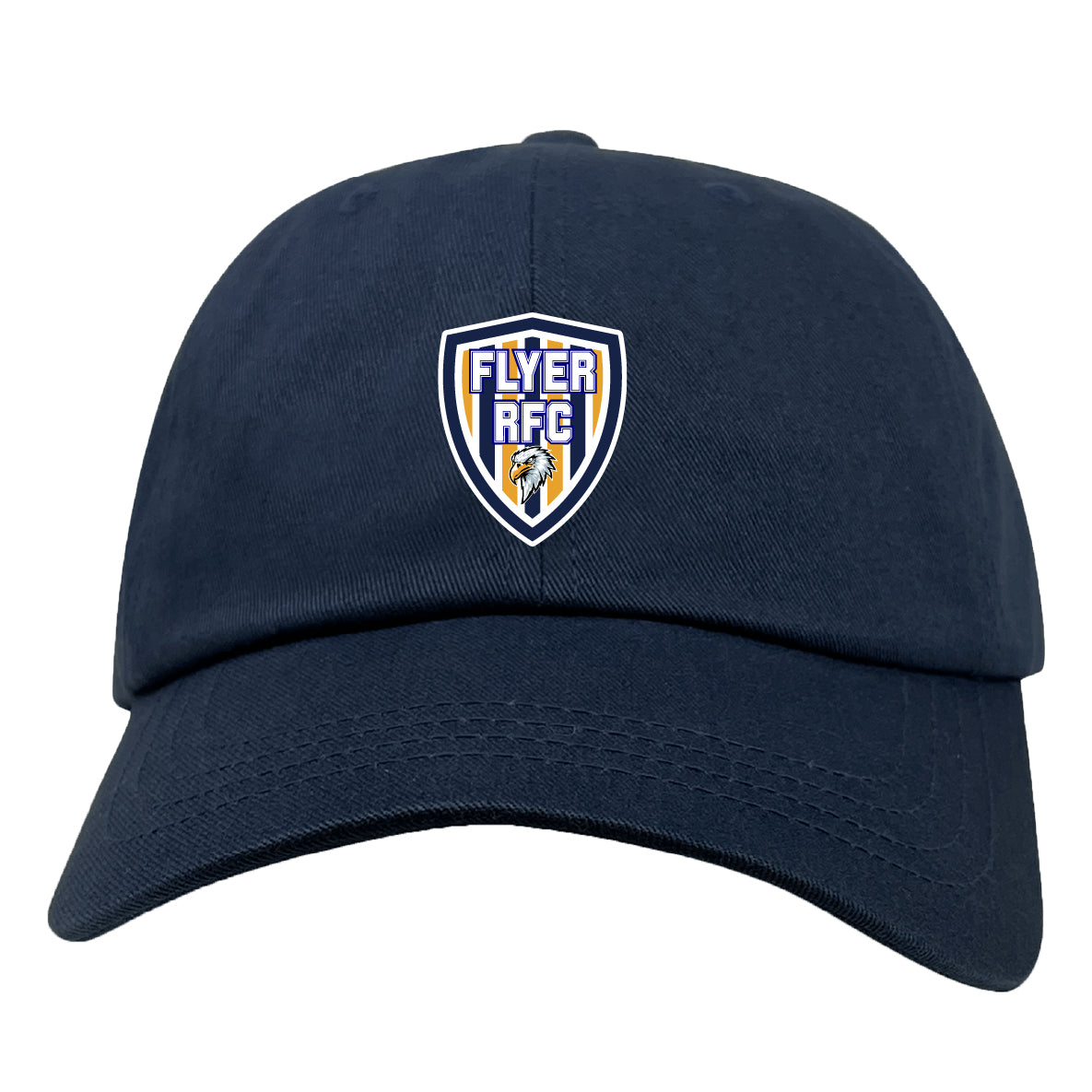 The Franklin County High School Rugby Adult Low-Profile Cotton Twill Dad Cap by EMB S&S Activewear features a navy blue design with a custom embroidered "Flyer RFC" shield logo and eagle on the front center.
