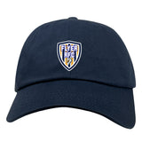 The Franklin County High School Rugby Adult Low-Profile Cotton Twill Dad Cap by EMB S&S Activewear features a navy blue design with a custom embroidered "Flyer RFC" shield logo and eagle on the front center.