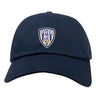 The Franklin County High School Rugby Adult Low-Profile Cotton Twill Dad Cap by EMB S&S Activewear features a navy blue design with a custom embroidered "Flyer RFC" shield logo and eagle on the front center.