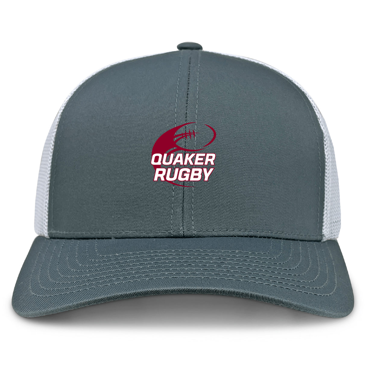 The Guilford College Retro Trucker Cap by EMB S&S Activewear is a gray and white mesh-back hat with an embroidered maroon rugby ball and "Quaker Rugby" on the front, plus a classic snapback closure for adjustable fit.
