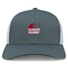 The Guilford College Retro Trucker Cap by EMB S&S Activewear is a gray and white mesh-back hat with an embroidered maroon rugby ball and "Quaker Rugby" on the front, plus a classic snapback closure for adjustable fit.