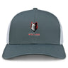 The Lincoln Wolves Retro Trucker Cap by EMB S&S Activewear has a gray and white mesh back, a red and black wolf logo above "Wolves Soccer" embroidery, and an adjustable snapback closure.