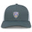 The Franklin County High School Rugby Retro Trucker Cap by EMB S&S Activewear features gray and white colors, an embroidered lion "Flyer RFC" emblem on the front, and an adjustable snapback closure.