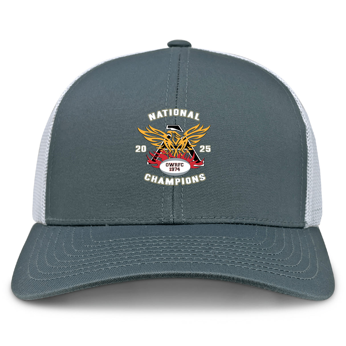 The Atlanta Old White Rugby Champs Retro Trucker Cap by EMB S&S Activewear features a gray and white design, embroidered "National Champions 2025" emblem with a winged logo, "OWRFC 1979" text, and an adjustable snapback closure.