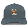 The Atlanta Old White Rugby Champs Retro Trucker Cap by EMB S&S Activewear features a gray and white design, embroidered "National Champions 2025" emblem with a winged logo, "OWRFC 1979" text, and an adjustable snapback closure.